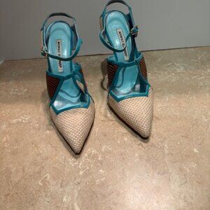 Manolo Blahnik Cream, Blue and Brown raffia sling backs
